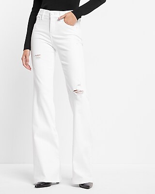 Mid Rise White Ripped '70s Flare Jeans