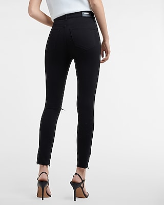 High Waisted Black Ripped Raw Hem Supersoft Skinny Jeans