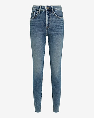 High Waisted Raw Hem Skinny Medium Wash Jeans in Hyper Stretch