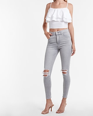 grey high waisted ripped skinny jeans