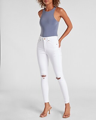 Ladies Jeans White High Waisted Ripped Jeans High Waist White