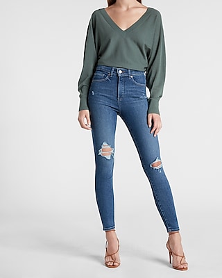 high waisted medium wash ripped skinny jeans