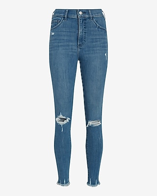 High Waisted Medium Wash Ripped Raw Hem Skinny Jeans