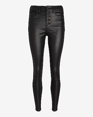High Waisted Black Coated Button Fly Supersoft Skinny Jeans