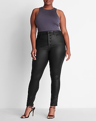 High Waisted Black Coated Button Fly Supersoft Skinny Jeans