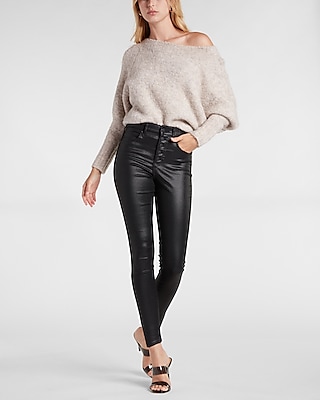 High Waisted Black Coated Button Fly Supersoft Skinny Jeans