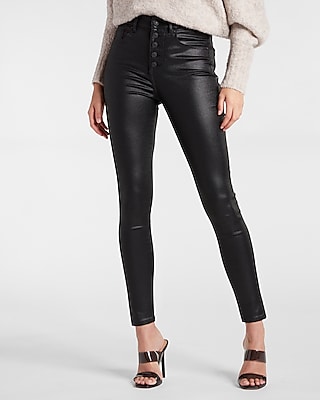 High Waisted Black Coated Button Fly Supersoft Skinny Jeans