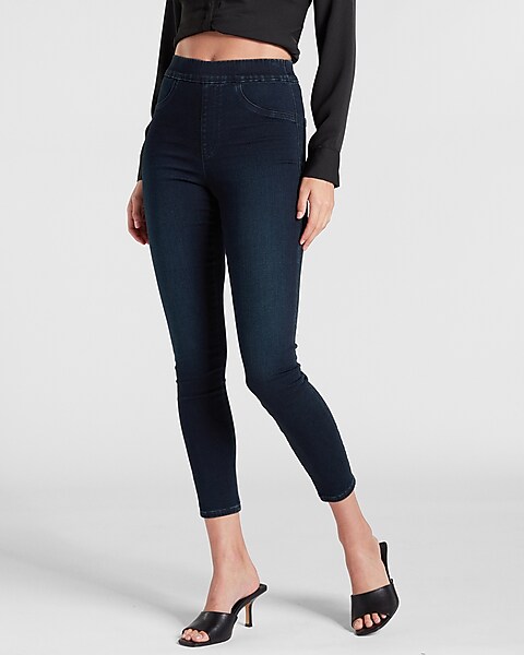 High Waisted Supersoft Knit Dark Wash Pull-on Skinny Jeans