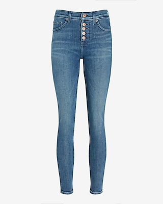 Mid Rise Medium Wash Button Fly Skinny Jeans