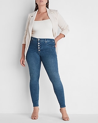 Mid Rise Medium Wash Button Fly Skinny Jeans