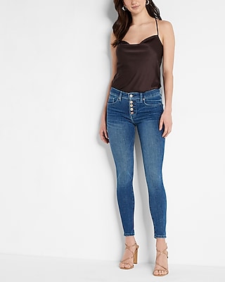 Mid Rise Medium Wash Button Fly Skinny Jeans