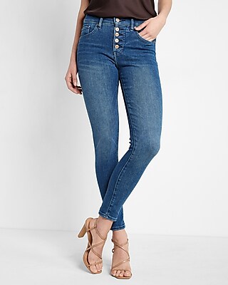 Mid Rise Medium Wash Button Fly Skinny Jeans