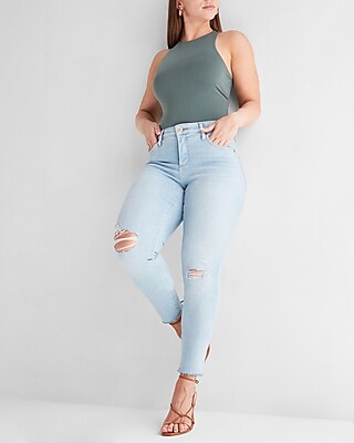 Curvy Mid Rise Light Wash Ripped Skinny Jeans