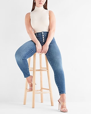 Curvy Mid Rise Medium Wash Button Fly Skinny Jeans