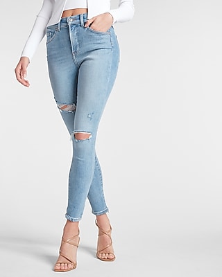 High Waisted Light Wash Ripped Skinny Jeans