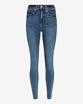 High Waisted Medium Wash Raw Hem Skinny Jeans