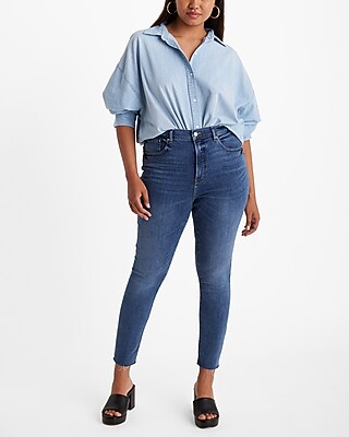 High Waisted Medium Wash Raw Hem Skinny Jeans - thumbnail 6