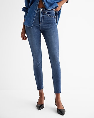 High Waisted Medium Wash Raw Hem Skinny Jeans