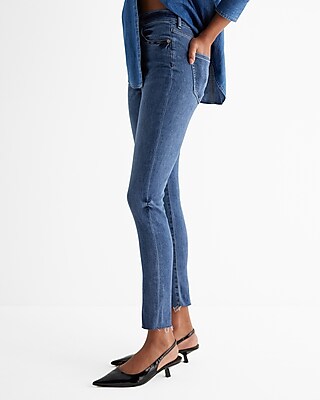 High Waisted Medium Wash Raw Hem Skinny Jeans