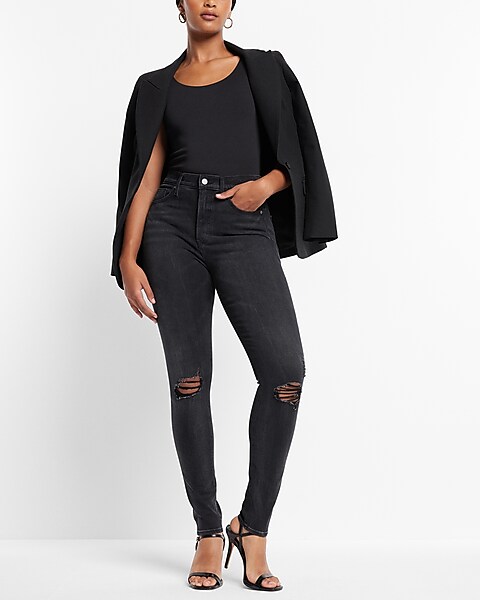 Express  Super High Waisted Black Rinse Ripped Modern Straight
