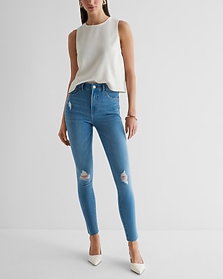 High Waisted Medium Wash FlexX Ripped Skinny Jeans
