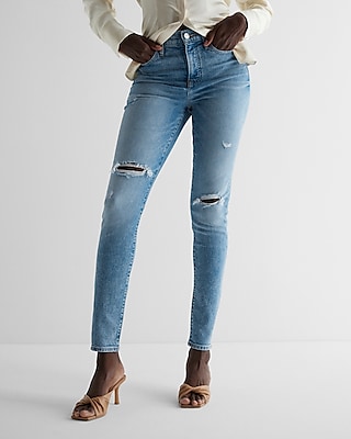 High Waisted Dark Wash Ripped Cropped Skinny Jeans