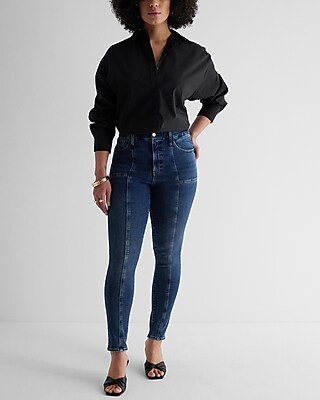 High Waisted Dark Wash Front Seam Flexx Skinny Jeans | Express