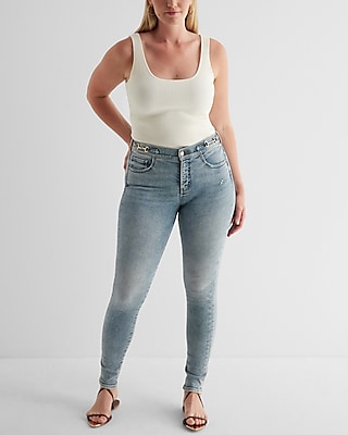 Mid Rise Light Wash Horsebit Skinny Jeans