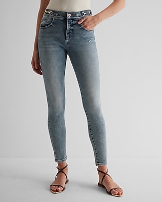 Mid Rise Light Wash Horsebit Skinny Jeans