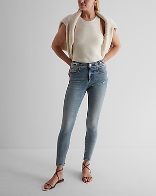 Mid Rise Light Wash Horsebit Skinny Jeans