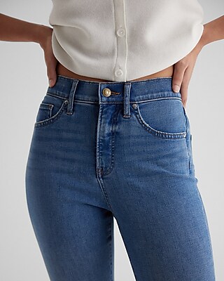 High Waisted Medium Wash Ripped Raw Hem Skinny Jeans
