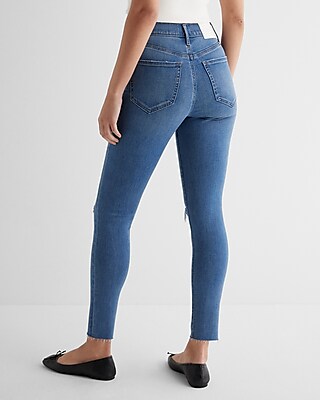 High Waisted Medium Wash Ripped Raw Hem Skinny Jeans