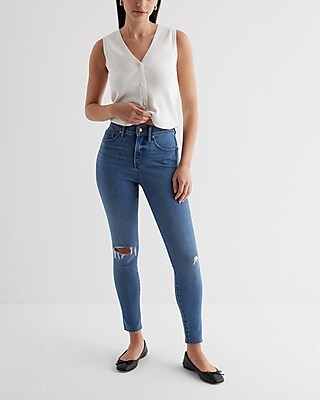 High Waisted Medium Wash Ripped Raw Hem Skinny Jeans