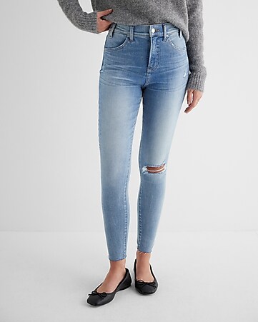 High Waist Ripped Eyelet Buckled Detail Skinny Jeans Womens Jeans (Color :  Medium Wash, Size : L.)