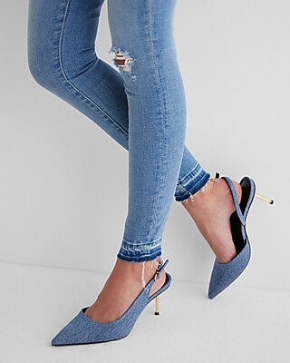 High Waisted Medium Wash Ripped Raw Drop Hem Skinny Jeans