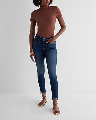 Mid Rise Dark Wash Raw Hem Skinny Jeans