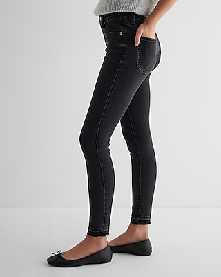 Mid Rise Black Raw Drop Hem FlexX Skinny Jeans