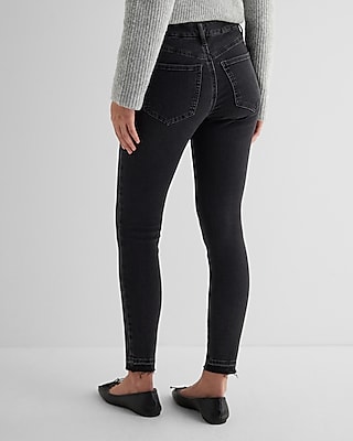 Mid Rise Black Raw Drop Hem FlexX Skinny Jeans