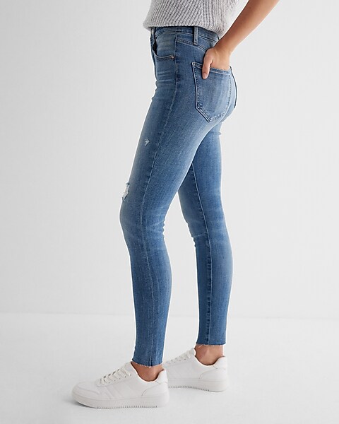 High Waisted Medium Wash Ripped Skinny Jeans