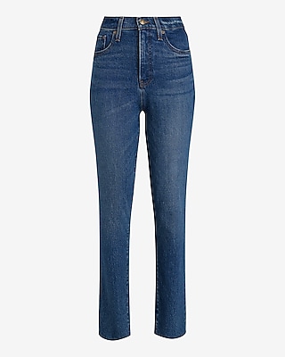 High Waisted Dark Wash Raw Hem '90s Skinny Jeans