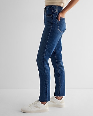 High Waisted Dark Wash Raw Hem '90s Skinny Jeans