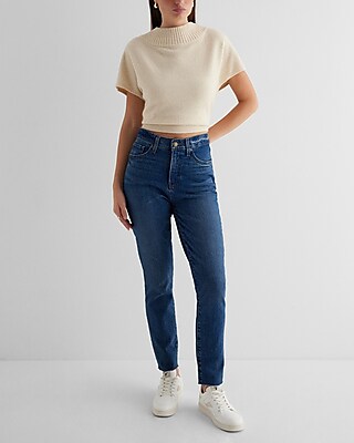 High Waisted Dark Wash Raw Hem '90s Skinny Jeans