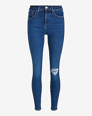 Mid Rise Dark Wash Ripped Skinny Jeans