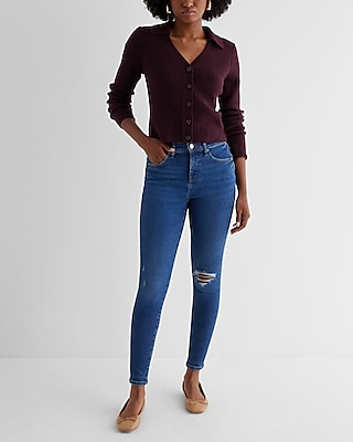 Mid Rise Dark Wash Ripped Skinny Jeans