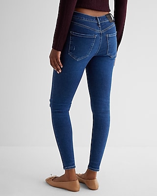 Mid Rise Dark Wash Ripped Skinny Jeans