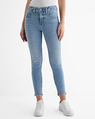 High Waisted Light Wash Raw Hem Ripped Sides Wide Leg Jeans