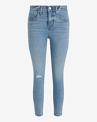 Mid Rise Light Wash Ripped Raw Hem Cropped Skinny Jeans - image 5