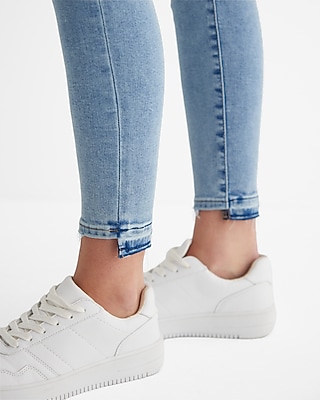 Mid Rise Light Wash Ripped Raw Hem Cropped Skinny Jeans - image 2