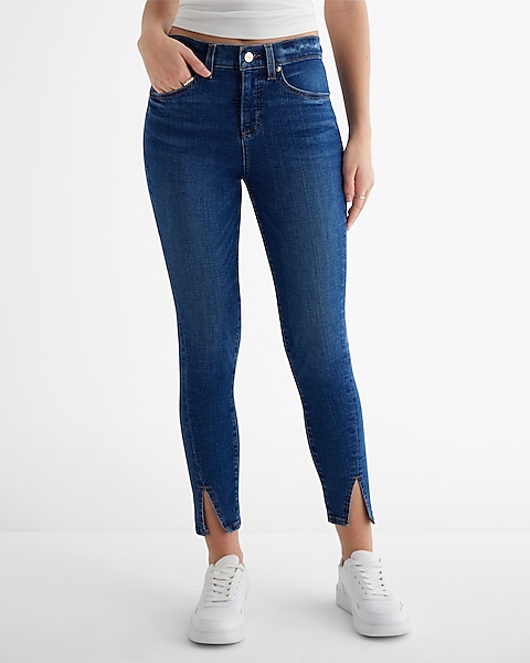 Mid Rise Medium Wash Split Hem Cropped Skinny Jeans | Express