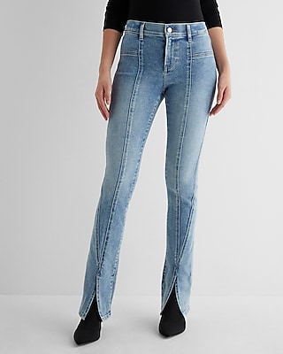 Mid Rise Light Wash Front Vent '70s Flare Jeans